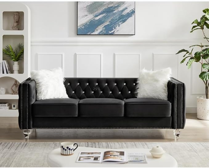 i-POOK 83 W 3 Seat Velvet Couch Chesterfield Sofa with 2 Plush Pillows Crystal Legs and Nailhead Trim Arms Button Tufted Black Couch for Living Room Office Guests Room