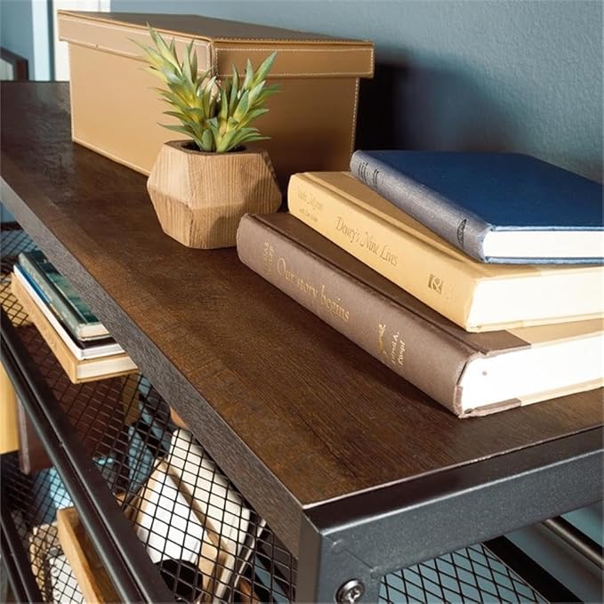 Pemberly Row Engineered Wood Computer Desk with Hutch Barrel Oak Finish 72 in H x 48 in W x 23 in D Adjustable Shelves Keyboard Tray File Drawer Industrial Home Office Desk
