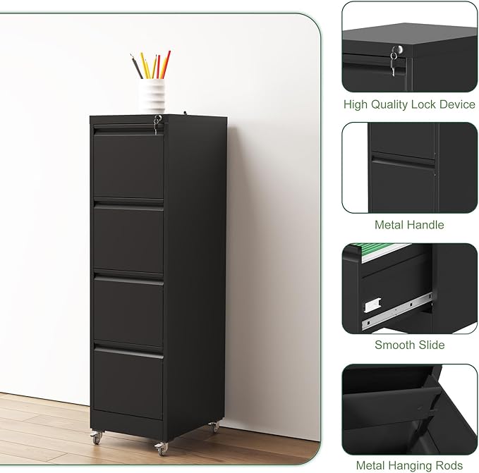 4 Drawer File Cabinet with WheelsMetal Mobile Filing Cabinets with LockBlack Vertical Heavy Duty Storage Cabinet for A4/Letter/Legal Size FileAssembly Required (Black 4 Drawer)