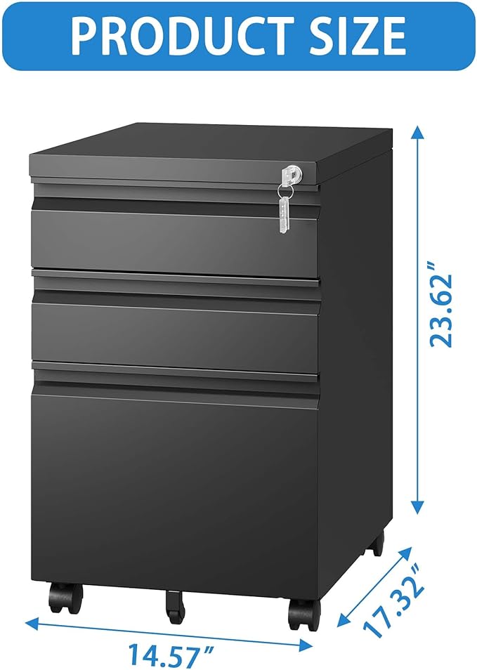3 Drawer Small File Cabinet with Lock Under Desk Locking Storage Cabinet Organizer for Home Office Filing Fully Assembled Mobile Metal DrawersBlack