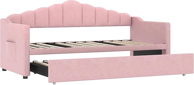 Bellemave Upholstered Twin Daybed with Pop Up Trundle USB &amp Type-C Charging Ports 2 Side Pockets No Box Spring Needed Velvet Modern Day Bed Frame (Pink)
