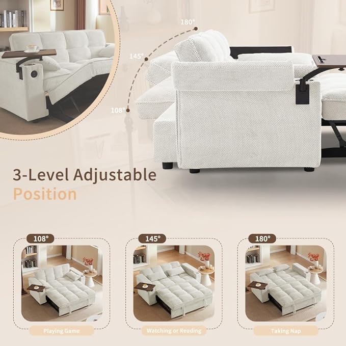  Large Size Convertible Sleeper Sofa BedPolka dot Velvet Pull Out Futon Couch with Storage handrails &amp Rotating Side TablesConvertible Sofa Couch for Living RoomRV (Beige)