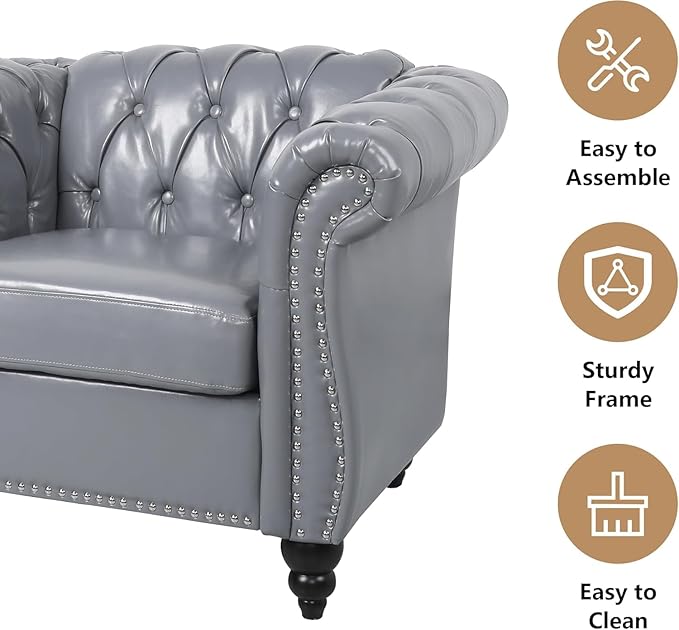 AVZEAR Chesterfield Loveseat Mid-Century PU Upholstered Loveseat Sofa Modern 2 Seater Couch Style Button Tufted Grey