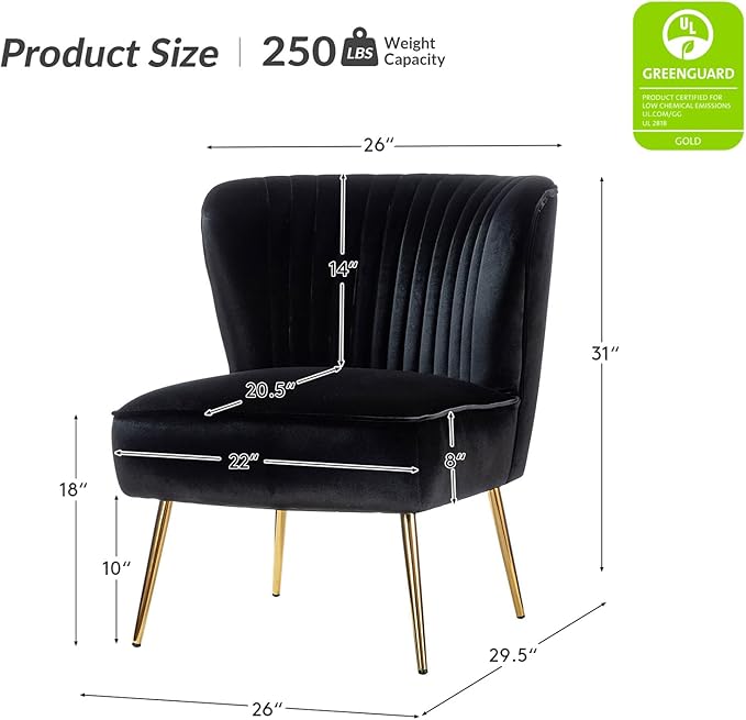 HULALA Home Velvet Accent Chair Set of 2 Modern Armless Upholstered Side Chair with Glam Gold Metal Legs for Vanity Living Room Bedroom - Black