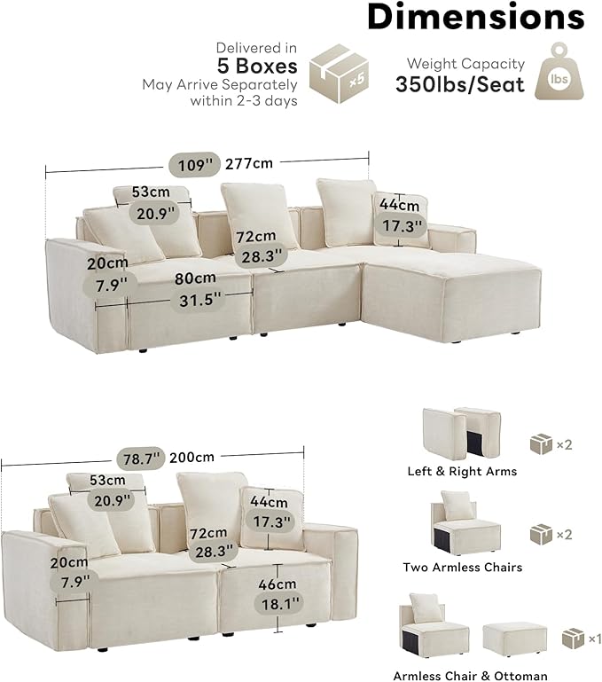Tbfit Modular Sectional Sofa Set Chenille Cloud Couch with Wide Armrests &amp 8 Pillows Deep Seat Couches for Living Room 6-Seater Beige