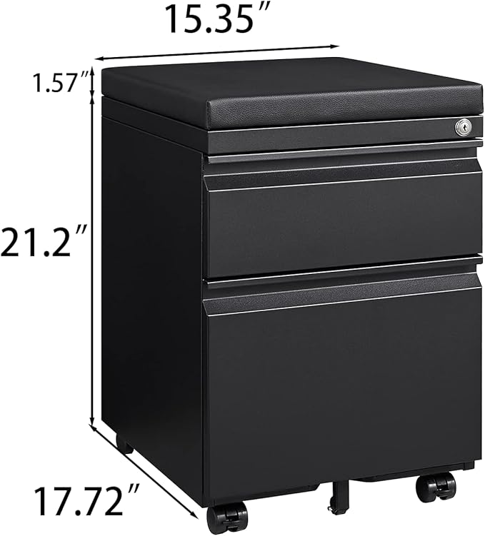 Mobile File Cabinet 2-Drawer Pedestal with Lock for Storage Use for Home Office and Business EnterpriseLegal/Letter Size Blackwith 5 Wheelswith Leather Cushion