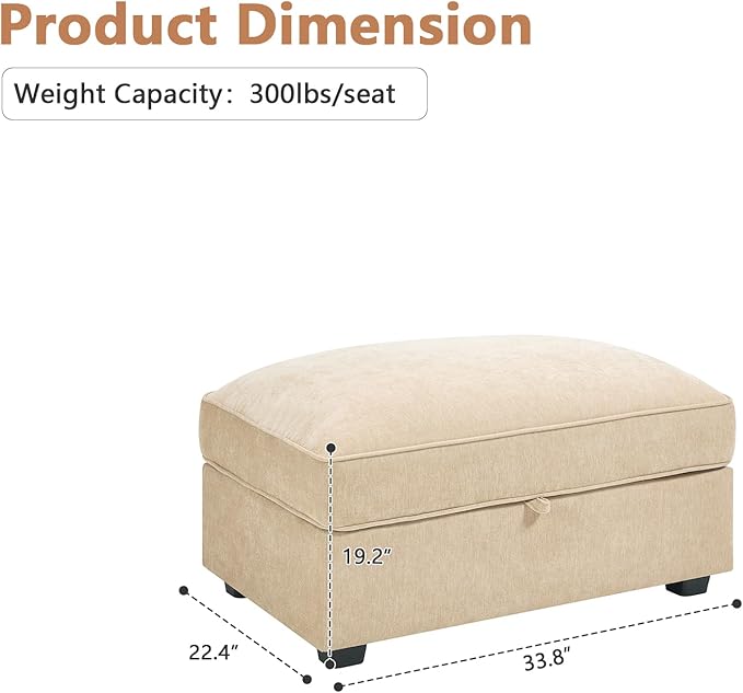 Movable Storage Ottoman for Modular Sectional Sofa Modern Oversized Upholstered Chenille Sofa for Living Room Bedroom Office Apartment Wheat