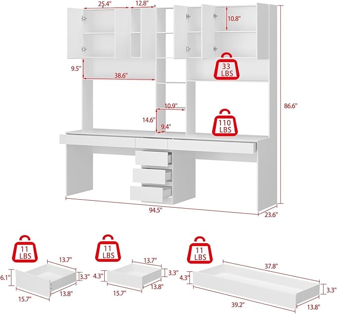 White Computer Desk with Storage for 2 People Modern Large Home Office Desk Writing Desk with Storage Shelves &amp Drawers Freestanding Workstation with Bookshelf for Office 94.5 W