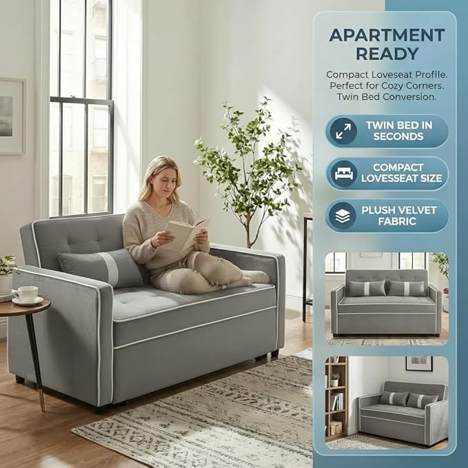 Convertible Velvet Sofa Bed with Pull-Out Bed &amp Side Storage Pockets Modern Sleeper Sofa for Living Room Apartment Small Spaces and Bedroom (Grey-1)