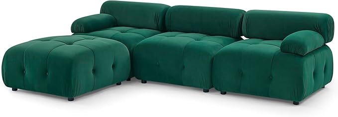 Bellemave L-Shape Sofa Couch Modular Sectional Sofa with Reversible Ottoman Velvet Upholstered Free Comnination Couch with Button Tufted Design Modern Oversized Couch for Living Room (Green)