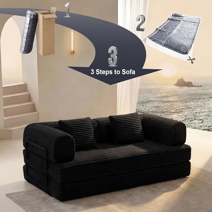 74 Compression Sofa Convertible Floor Sofa Bed with Pillow Back Support ArmrestComfy Futon Couch Sleeper BedLoveseats Boneless for Living RoomBedroom (Black)