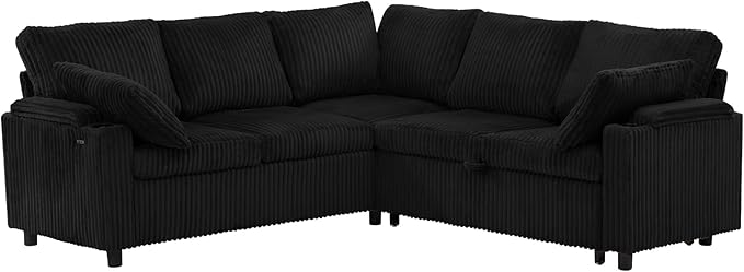 85 Corduroy Reversible Sectional Sofa w/Pull Out Bed Upholstery L Shaped Couch w/Storage Armrests &amp Cup Holders Modern Corner Sofa w/USB Charging Port &amp Throw Pillow for Living Room Black