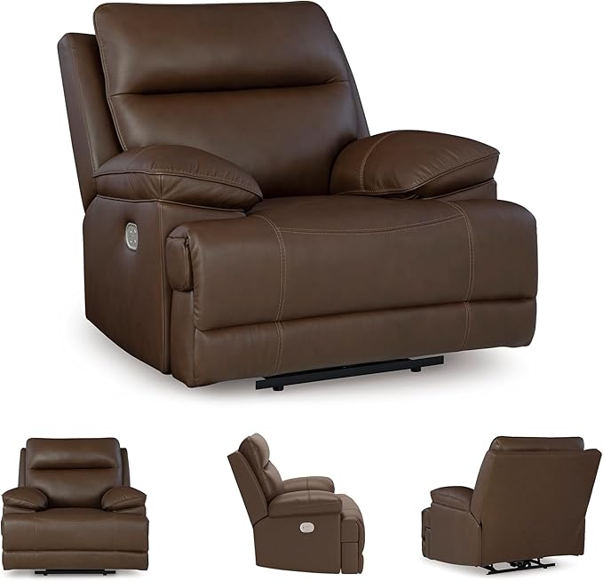 Signature Design by Ashley VonRyan Modern Leather Upholstered Power Recliner with Adjustable Headrest and USB Port Dark Brown