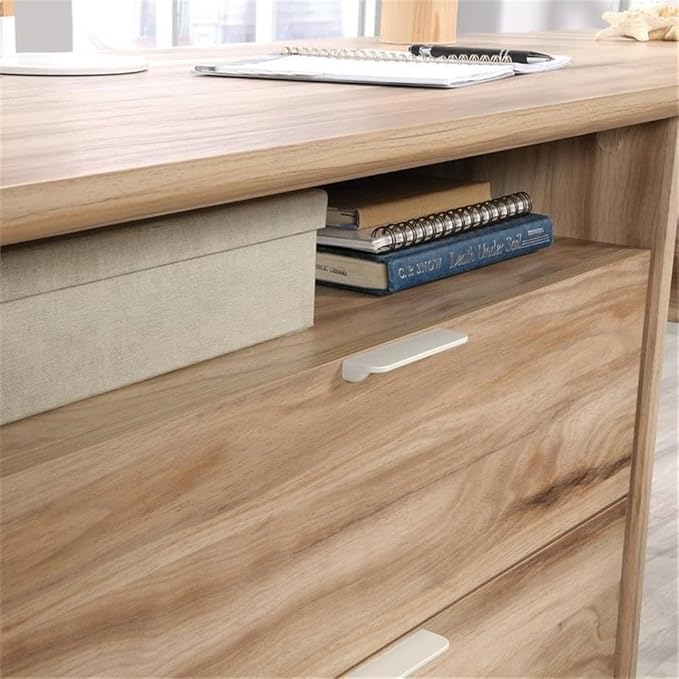 Pemberly Row L-Shape Desk 65 in x 65 in x 30 in Engineered Wood &amp Metal Kiln Acacia Brown Finish 2 Drawers with File Storage Open Shelf Cord Management Modern Home Office Desk