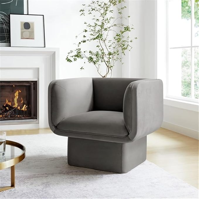 Pemberly Row Modern Performance Velvet Accent Chair Storm Gray Upholstery Dense Foam Padding Fixed Cushions Sturdy Wood Frame French Piping Bedroom Living Room or Office Seating