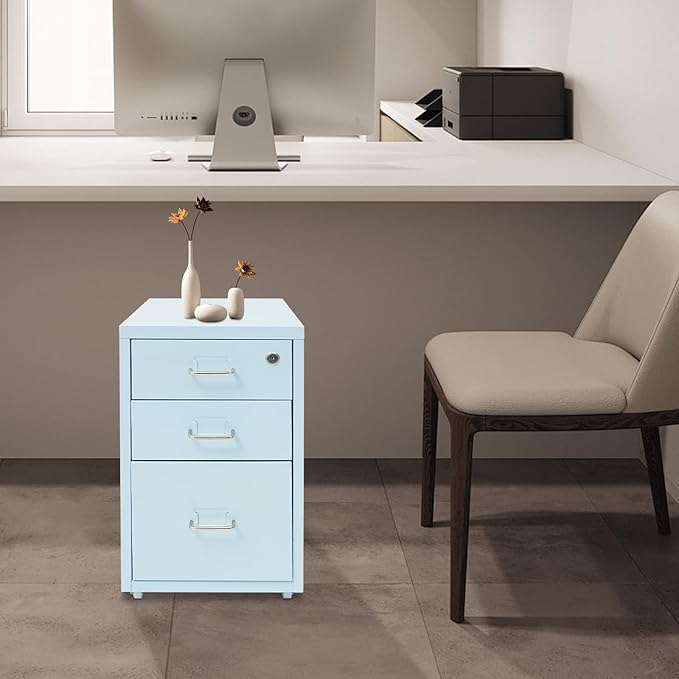 3-Drawer File Cabinet Mobile Under Desk Storage Small Metal Storage Cabinet with Lock for Home Office A4-11 L x 16 W x 18.3 H (Blue)