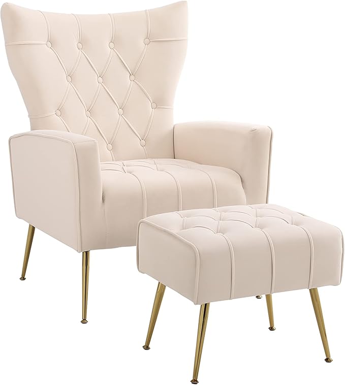 Velvet Accent Chair with Ottoman Modern Sherpa Chair with High Backrest and Armrest Upholstered Reading Chair with Ottoman Set Comfy Living Room Chair with Metal Leg for Bedroom (Beige)
