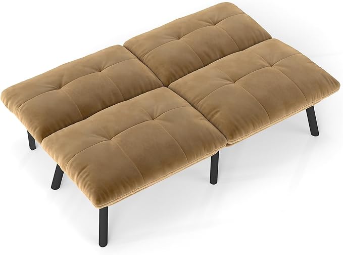 Sofa Bed with Chaise Modern Convertible Sleeper Sectional Loveseat Velvet Futon Couch with Tufted Back and Metal Legs for Small Space Apartment (Brown)
