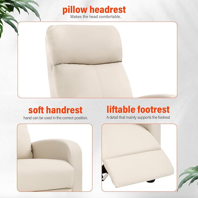 Recliner Chair PU Leather Massage Single Sofa Home Theater Seating Breathable Padded Reading Sofa with Footrest for Bedroom Living RoomBeige