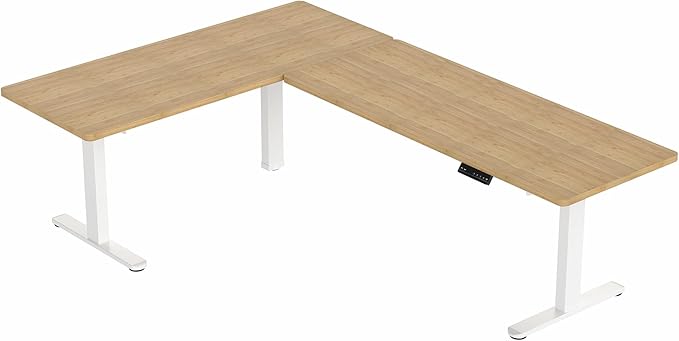 VIVO Electric Height Adjustable 83 x 60 inch Corner Stand Up Desk 2 Solid Bamboo Table Tops White Frame Memory Controller L-Shaped Workstation 3E Series DESK-KIT-3E8WO