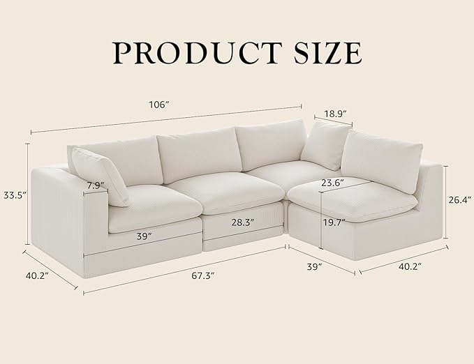 106“ Cloud Sectional Couches Sofa for Living Room Modern 4 Seats Couch Convertible L Shape Sofa No Assembly Needed