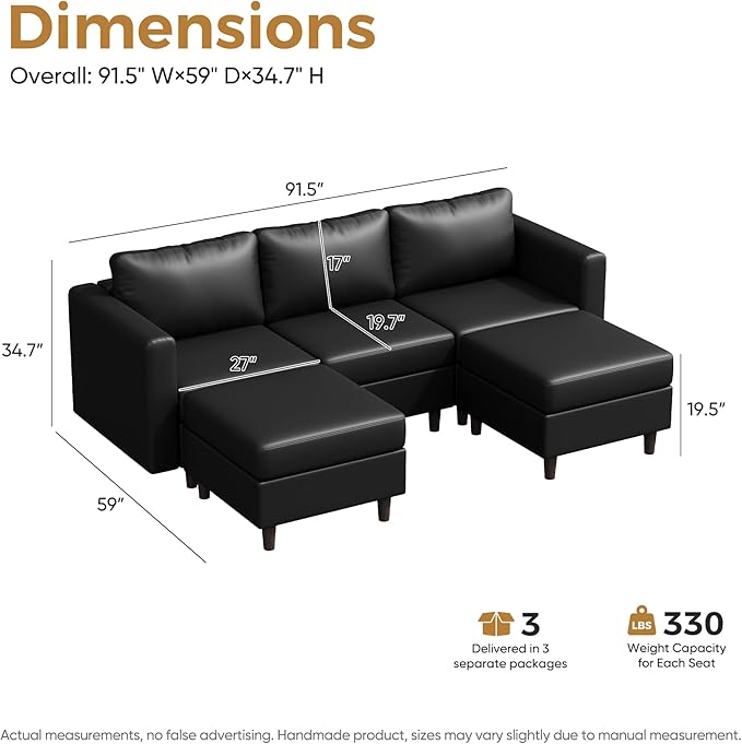 ABCASA Faux Leather U Shaped Modular Sectional Sofa 91.5 5 Seater Couch with Movable Ottoman Deep Seat and Storage Seat with Removable Cover for Living Room Apartment - Black