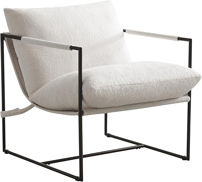 Furniliving Sling Accent Chair with Metal Frame Comfortable Boucle Fabric Arm Chair Upholstered Cozy Reading Chair for Living Room Bedroom Dressing Room Home Office Purewhite