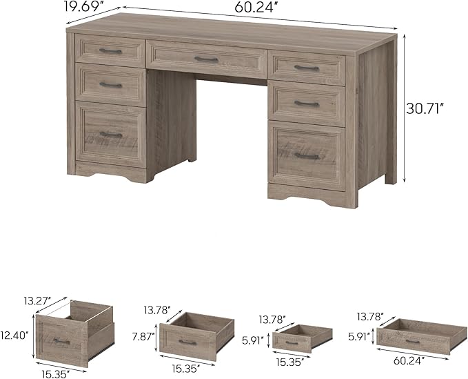 Vabches Farmhouse Executive Desk with File Drawer Home Office Desk with Ample Storage Rustic Office Desk with Spacious Tabletop for Work Grey
