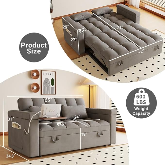 65 Convertible Sleeper Sofa Bed with Storage Modern Velvet Loveseat Pull-Out Couch with USB and Table Board Small Love Seat Lounge Sofa w/Adjustable Backrest Pillows Pockets for Living Room