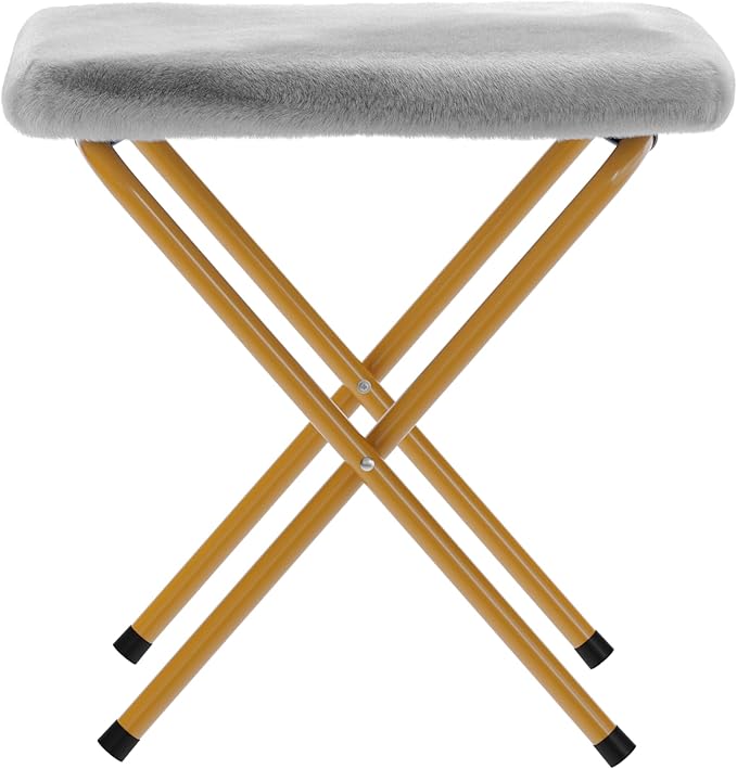 Flash Furniture Eleanor Portable Double Saucer Chair with 2 Ottomans Folding Steel Frames for Dorm or Bedroom 56 Gray Faux Fur/Soft Gold Frame