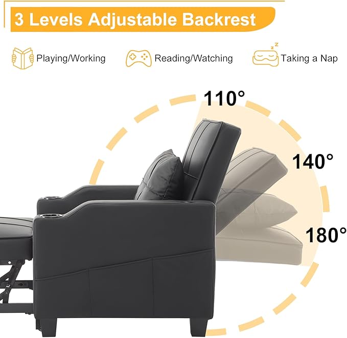 Karl home Sleeper Chair Convertible Sofa Bed with USB/Type C Ports 3-in-1 Pull Out Sofa Bed Adjustable Reading Chair with Cup Holders PU Leather Black