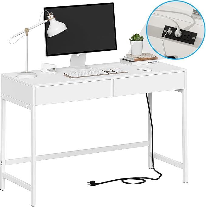 Treocho White Desk with USB Charging Ports and Power Outlets Modern Simple 47 inch Computer Desk with 2 Drawers Vanity Table Makeup Table for Home Office Bedroom