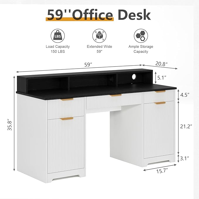 59 Executive Desk Fluted Office Desk with Power Outlets Long Monitor Stand Large Home Office Desks with 3 Drawers &amp 2 Storage Cabinet Computer Writing Desk for Study Bedroom White