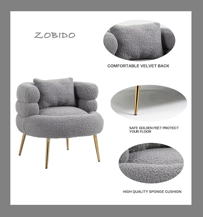ZOBIDO Modern Accent Lambhair Chairs Comfy Upholstered Vanity Chairs for Bedroom Armchair Dining Chairs with Golden Metal Legs Desk Chair Single Person sofafor Living Room (Light Grey)