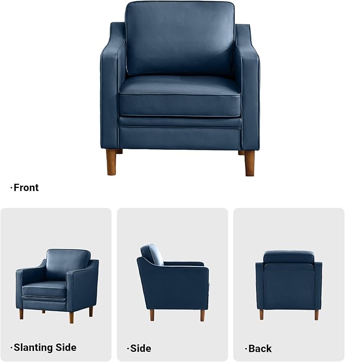 Kingfun Accent Chair Set of 2 Living Room Chairs Faux Leather Reading Armchair Mid Century with Solid Wood Foot Upholstered Modern Decor for Bedroom Apartment Blue