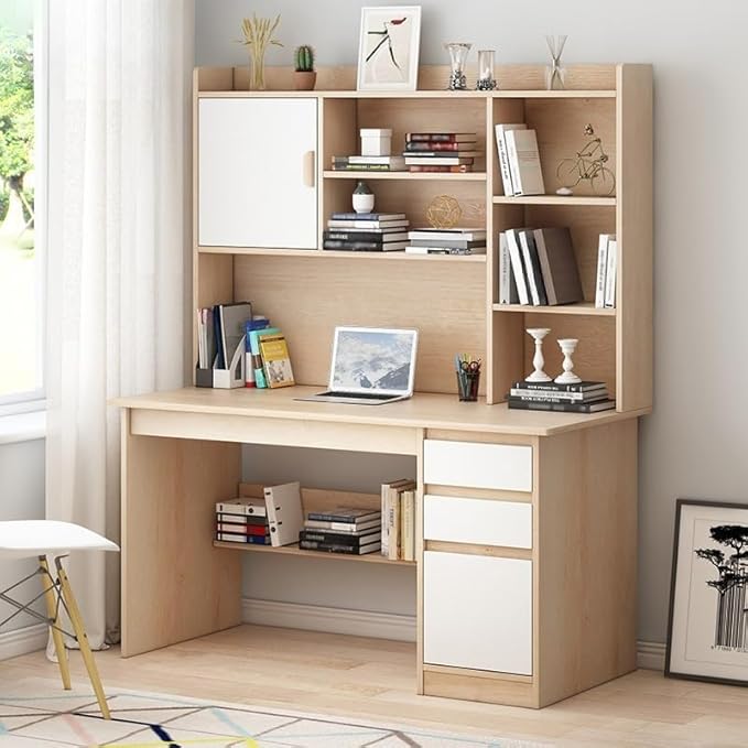 LITFAD Modern Computer Desk Work from Home Desk with Hutch Bookcase and Integrated Cable Management Rectangular Wood Office Desk 3 Drawers 47.2 L x 17.7 W x 64.2 H Natural