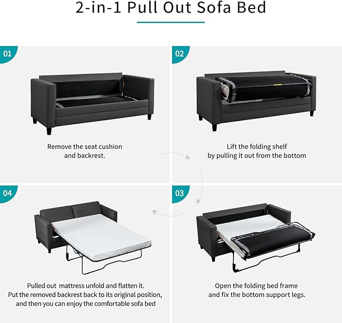 BALUS 79 W Queen Size Pull Out Sofa Bed 2-in-1 Convertible Sleeper Couch with Fold Out Mattress Modern Faux Leather Sleeper Sofa for Living Room Apartment Includes 2 Bolster Pillows - Dark Grey