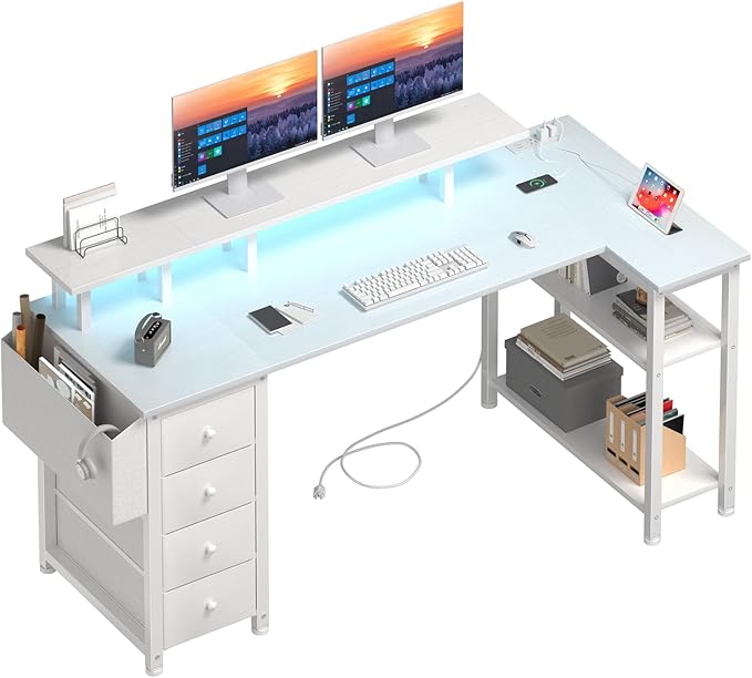 Lufeiya White L Shaped Computer Desk with Fabric Drawers 55 Inch Corner Home Office Desk with Monitor Stand Shelves Writing Study Gaming Desks with Led Lights and Power Outlets for Bedroom White
