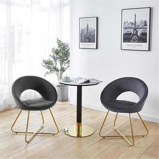 Pemberly Row Modern Velvet Accent Chair Set Gray Upholstery 2-Piece 32 H x 20 W x 19 D Foam Cushion Tall Curved Backrest Gold Metal Base Contemporary Glam Living Room or Den Seating