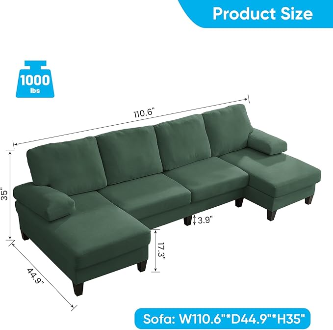 Mjkone 110 Width Sectional Couches with Chaises for Living Room U Shaped Cloud Sofa Couch with Ice Velvet Fabric Minimalist 4 Seater Sofa Set Living Room Sets Furniture for Home Office Green