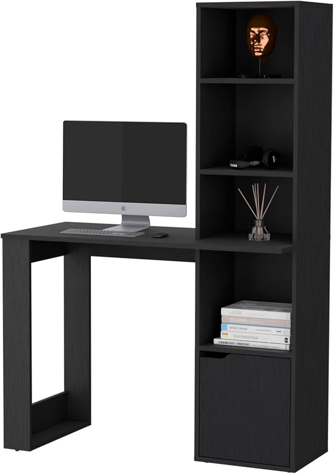 Home Office Desk Computer Desk with 4-Tier Bookcase and 1-Door Cabinet