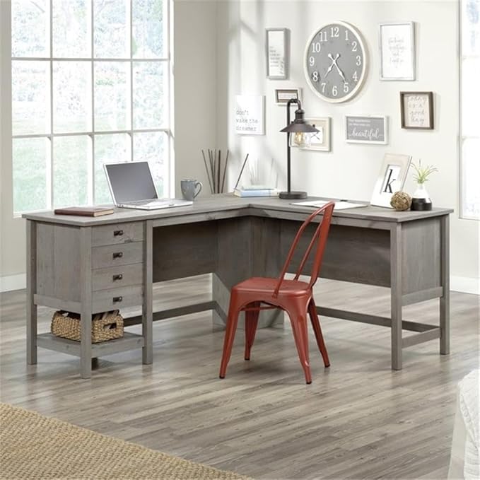 Pemberly Row L-Shaped Farmhouse Computer Desk 65.12 W x 58.66 D Engineered Wood Mystic Oak Finish 2 Drawers with Storage Cord Management Home Office Desk for Work or Study