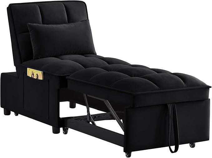 4 in1 Multi-Function Single Sofa Bed with Storage PocketsTufted Single Pull-Out Sofa Bed with Adjustable Backrest and PillowsConvertible Chaise Loungefor Small Room Apartment (Black)
