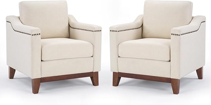 Vintage Upholstered Armchair Set of 2 with Nailhead Trim and Solid Wood Legs Comfortable Accent Chair for Living Room &amp Bedroom Beige