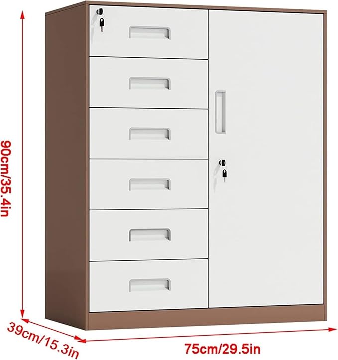 File Cabinet with Lock 6-Drawer Low Cabinet Side Cabinet Office Steel Filing Cabinet Coffee Color Under Desk Storage