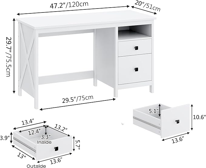 BHG Farmhouse 47 Executive DeskModern White Computer Desk with Storage Drawers for Home Office Makeup Vanity Desk Dressing Table for BedroomFiling Cabinet Writing Table PC Desks for Study