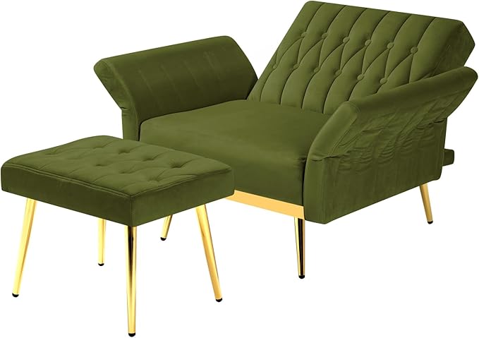 Velvet Accent Chair with Adjustable Backrest and Armrests Single Recliner Armchair with Ottoman and Golden Mental Legs for Living Room Bedroom and Waiting Room Olive Green