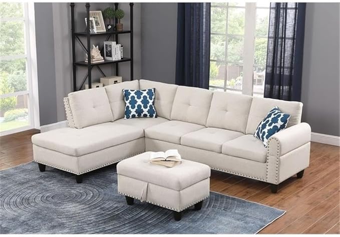 Devion Furniture Polyester Fabric Sectional Sofa with Lift-top Storage Ottoman Tufted Design in Beige Finish