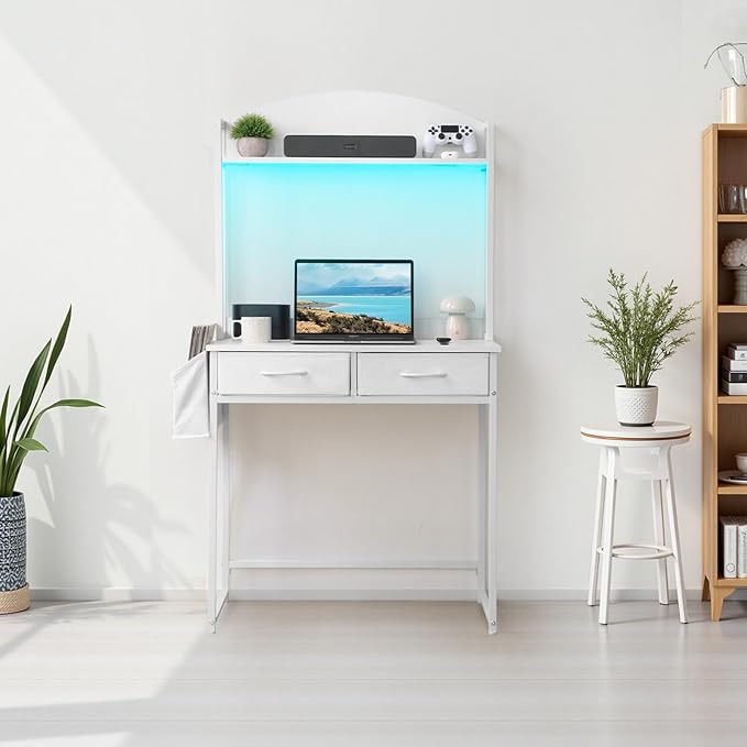 KATHY&ampBOB Freestanding Ladder Desk with Power Outlets Home Office Study Reading Desk with 2 Fabric Drawers and Side Bag 2 Tier Shelf Computer Gaming Desk Vanity Makeup Desk (White)