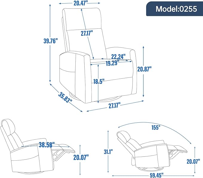 Swivel Rocker Recliner Chair 360° Swivel Recliner with Heat and Massage Rocker Recliner Easy to Clean Nursery Glider Recliner Chair with Side Pockets for Living Room Light Grey